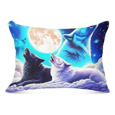 Imagem de Capas de travesseiro decorativas de flanela King Queen azul lobo legal roxo estrelado tamanho padrão linda capa de travesseiro de cama grande, tamanho king, 50,8 cm x 101,6 cm