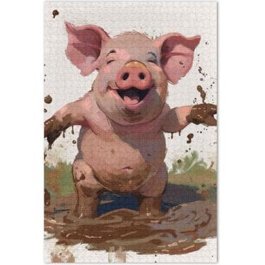 Imagem de Quebra-cabeças de porco sorrindo segurando uma poça enlameada 1000 peças para adultos quebra-cabeça com estampa de animais divertidos presentes tecnológicos