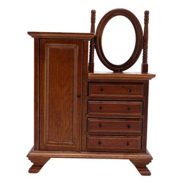 Imagem de Alomejor 1:12 Penteadeira Em Escala, Vaidade Em Miniatura de Madeira Com Espelho e 4 Gavetas Abertas, Mesa de Maquiagem de Bétula para Decoração e Colecionadores de Quarto de Bonecas