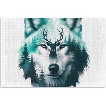 Imagem de Aquarela lobo floresta veado adultos 1000 peças quebra-cabeça brinquedo arte família diversão quebra-cabeças elefante branco, 75 x 40 centímetros