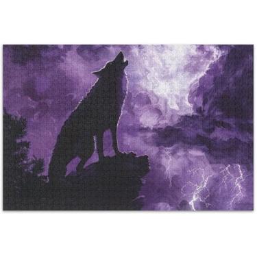 Imagem de Quebra-cabeça de lobo uivando lua violeta 1000 peças para adultos elefante branco mordaça presente arte decoração de casa, 75 x 40 centímetros