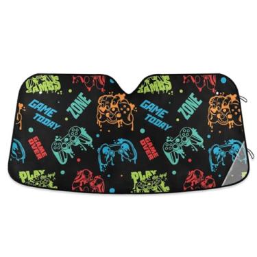 Imagem de Capa de para-brisa preta com logotipos de jogos coloridos para para-sol janela frontal de carro para a maioria dos sedãs SUV caminhão grande