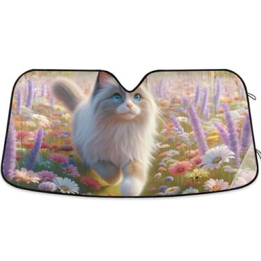 Imagem de Guarda-sol de gato Ragdoll floral personalizado para para-brisa de carro bonito universal dobrável caminhão carro persianas para janelas dianteiras automotivo L, 144,8 cm x 80 cm