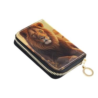 Imagem de Carteira pequena feminina para cartão de crédito, bloqueio de RFID, zíper ao redor do zíper, carteira de viagem com chaveiro Vivd Lion Autumn Animal