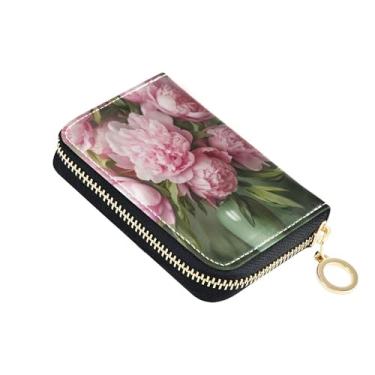 Imagem de Carteira feminina protetora de cartão de crédito com bloqueio de RFID, pequena bolsa de moedas de couro com zíper, buquê de flores, peônias rosa