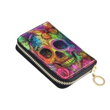 Imagem de Carteira feminina colorida de arte de caveira com zíper e bloqueio de RFID, carteira colorida para dinheiro de viagem com bolso para moedas