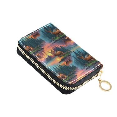 Imagem de Carteira feminina de desenho animado Deers Lakes Sunset pequena com bloqueio de RFID, porta-cartões de crédito, carteira de couro com zíper e bolso para moedas