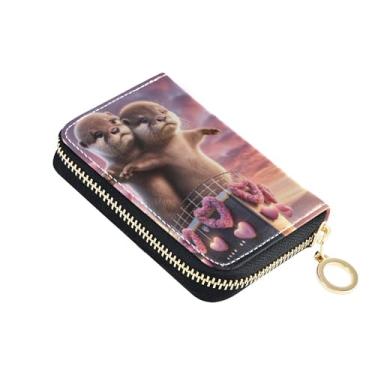 Imagem de GAIGEO Carteiras femininas de couro com bloqueio de RFID, pequena bolsa de troca de zíper com chaveiro, lontra, amor animal