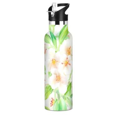 Imagem de Joisal Garrafas de água verde floral pastel para meninas com tampa de palha, garrafa de água isolada de aço inoxidável à prova de vazamento, copos infantis a vácuo de parede dupla para escola, viagem