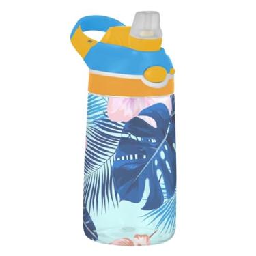 Imagem de Garrafa de água esportiva infantil com flores tropicais coloridas e folhas azuis para escola, 473 ml, garrafa de água Tritan de 473 ml com canudo, copo infantil à prova de vazamento, reutilizável