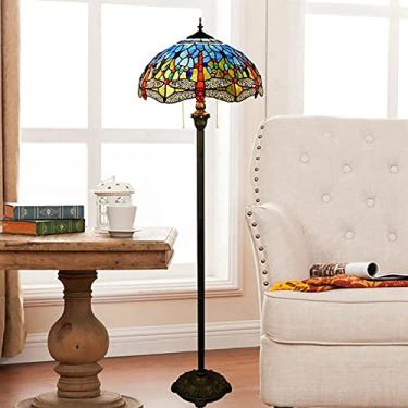 Imagem de Luminária de chão estilo Tiffany de 40 cm (16") com design mediterrâneo europeu, cúpulas artesanais em vitral azul com libélula, ideal para quarto, sala de estar e clubes.