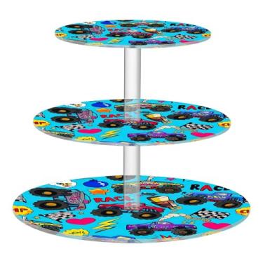 Imagem de Monster Trucks com 3 níveis vibrantes e coloridos, suporte de cupcake para festa de acrílico, torre de bolo, bandeja de servir para chá de bebê, mesa de deserto, organizador de comida de bolo