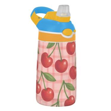 Imagem de Garrafa de água xadrez rosa cereja vermelha para crianças com canudo 473 ml Tritan 473 ml garrafa de água esportiva à prova de vazamento, copo infantil reutilizável, portátil, alça de transporte