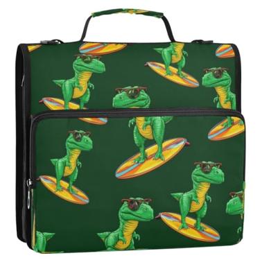 Imagem de Bolsa organizadora de fichário com zíper de dinossauro verde legal com alça, 3 anéis de 3 anéis D de 3 cm para documentos escolares ou de escritório