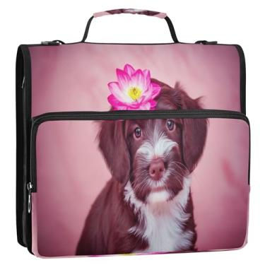 Imagem de Fichários duráveis de 3,8 cm com 3 anéis, anel D, fofo, cachorrinho, flor, rosa, fichário, organizador com zíper, estojo de armazenamento com alça para fichário escolar com alça de ombro
