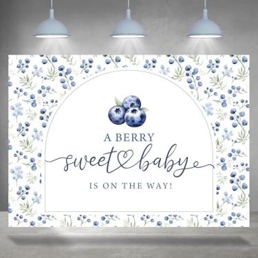 Imagem de Rsuuinu Pano de fundo para chá de bebê Blueberry A Berry Sweet Baby is On The Way Fundo fotográfico 2,1 x 1,5 m, decorações de festa para chá de recém-nascido, faixa de mesa de bolo, lembrancinhas