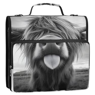 Imagem de Fichários monocromáticos monocromáticos de vaca Highland com 3 anéis, 3 anéis, organizador de fichário com zíper, bolsa para ensino médio, com alça, suporte para 500 folhas