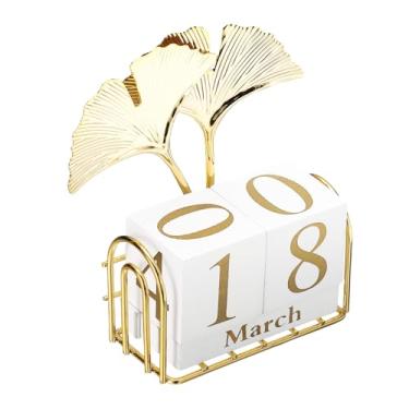 Imagem de PATIKIL Calendário de blocos perpétuos de madeira, exibição diária decorativa dourada com blocos móveis, decoração moderna de mesa de café para festas, feriados, casamento, folha em forma de leque