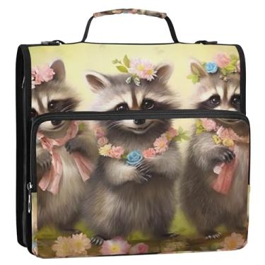 Imagem de Organizador básico de fichário com zíper, 3 fichários, anel D de 3,8 cm, lindo guaxinins e flores, estojo com alça para fichários escolares com alça de ombro