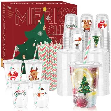 Imagem de Xuelimei Copos de plástico descartáveis de Natal de 473 ml com tampas e canudos - Árvore de Natal, Papai Noel, Rena, Bebidas geladas, Café, Cerveja, Bebidas, Sorvete, Copos para Artigos de Festa de