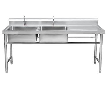 Imagem de Pia de cozinha de restaurante comercial de aço inoxidável com tigela dupla, pia utilitária com bancada de trabalho, pia comercial de 2 compartimentos com torneira e dreno (175 cm)