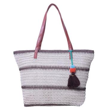 Imagem de Bolsa de Praia em Palha Trançada, Alça Dupla em Couro Sintético Marrom, Detalhe de Pompom, Bege (Marrom Escuro)