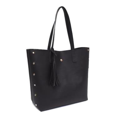 Imagem de Bolsa Tote Feminina Elegante, Couro Sintético Preto, Alça Dupla, Detalhe de Tassel e Tachas Douradas (preto)