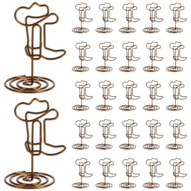 Imagem de JarThenaAMCS 30 peças de porta-retratos de metal para botas de caubói marrom com número de mesa, clipes de fotos, suporte para exibição de nome e cartão de lugar para artigos de mesa de festa