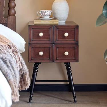 Imagem de KXPSWGE Mesa de cabeceira de fazenda, mesa de canto de madeira vintage com 2 gavetas, armário de cômoda de madeira para quarto, design de coluna romana, para sala de estar, quarto e espaços pequenos