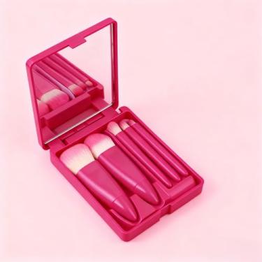 Imagem de Conjunto de 5 pincéis de maquiagem com espelho, kit de pincéis portáteis em caixa – Inclui pincel de base, pincel de pó, pincel de blush, pincel de sombra | Mini ferramentas de maquiagem