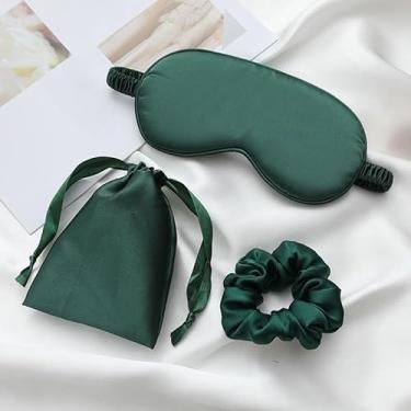 Imagem de Máscara de dormir para os olhos, conjunto de laços de cabelo venda noturna com bolsas de armazenamento, capa para os olhos macia e respirável para viagem feminina (verde)
