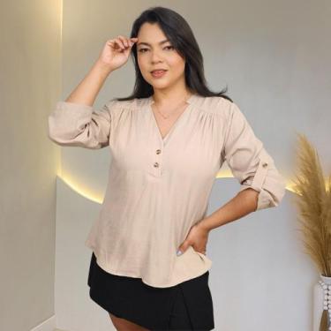 Imagem de Blusa Camisa Feminina Social Botões Manga 3/4 Formal Laura, Areia, M