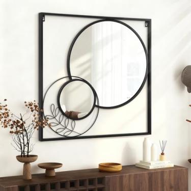 Imagem de WDSHIYI Espelho quadrado grande preto, conjunto de espelhos redondos montados na parede, círculo, espelhos decorativos modernos para sala de estar, quarto, entrada, decoração 76 x 76 cm