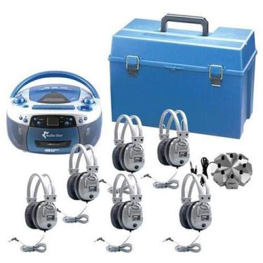 Imagem de HamiltonBuhl LCAS1 AudioStar MEGA 6 Station Listening Center; Inclui: (1) AudioStar Boombox, (6) Fones de ouvido SC-7V Deluxe, (1) Jackbox de oito posições e (1) Estojo grande com trava