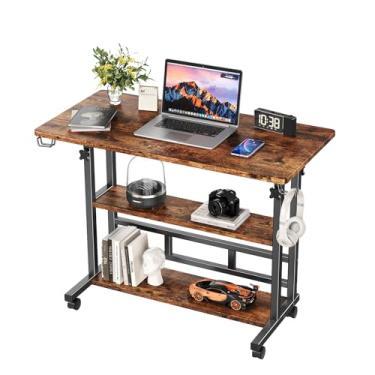 Imagem de Mesa de pé de altura ajustável, mesa de suporte com prateleiras de armazenamento, mesa pequena para computador móvel de 80 cm, mesa portátil para laptop (marrom simples)