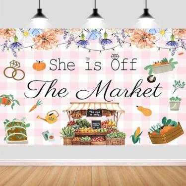 Imagem de She's Off The Market Pano de fundo para chá de panela, decoração de chá de panela, rosa, xadrez, flores coloridas, vegetais, banner para mulheres, jardim, fazenda, festa, 2,1 x 1,5 m