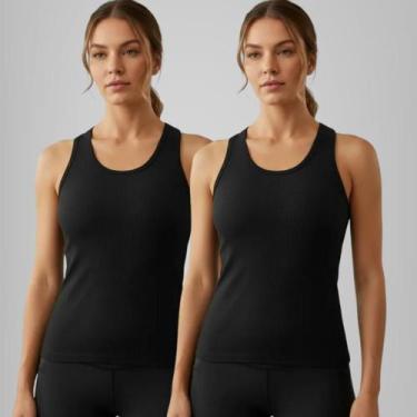 Imagem de Kit 2 Blusa Regata Feminina Basica Branco Algodão Ribana Canelada Verã