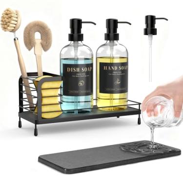 Imagem de Luxspire Conjunto de dispensador de sabão de cozinha - Conjunto de dispensador de sabão para mãos e louças de 500 ml com bandeja de secagem rápida, garrafa de vidro com etiquetas à prova d'água