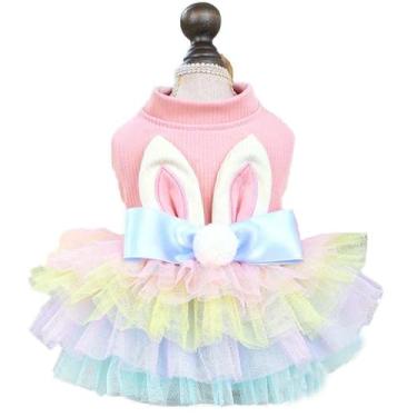 Imagem de MQQYLBHDS Vestido rosa orelhas de coelho primavera menina filhote roupas para cachorro pequeno vestido de gato de Páscoa para gato vestido engraçado tutu traje feriado animal de estimação (colorido