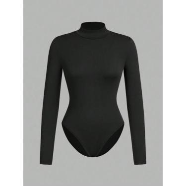 Imagem de Leggings femininas de manga comprida com gola alta, cor sólida, casual