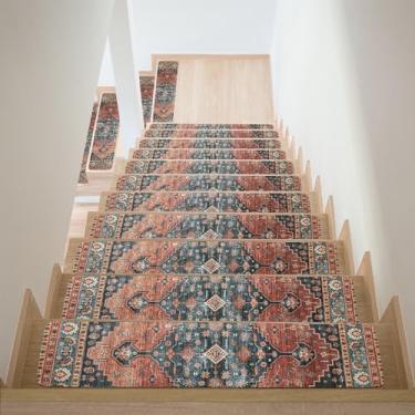 Imagem de Tapete de escada para degraus de madeira antiderrapante vermelho e azul 76 cm x 20 cm corredor de escada interior tapetes de escada extra antiderrapante tapetes de segurança de borracha, degraus de