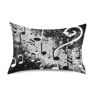 Imagem de xigua Fronha de cetim preta com notas musicais para cabelo e pele, lavável à máquina, antiderrapante, refrescante, almofada padrão de cetim, capa de cama com fecho de envelope, 51 cm x 66 cm