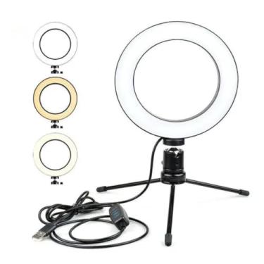 Imagem de Ring Light LED 16cm com Mini Tripé e Suporte Articulado | Iluminador de Mesa USB para Maquiagem Foto e Vídeo | Anel de Luz Portátil com 3 Tons de Cores Ajustáveis e Controle de Intensidade