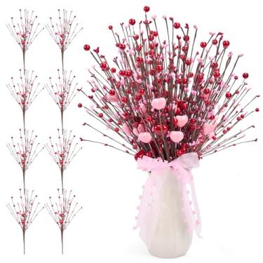 Imagem de Galetcy Escolhas para o Dia dos Namorados, 8 peças, corações artificiais, flores e frutos silvestres, palitos florais para arranjos de flores, palitos de coração para presentes de decoração de vaso de