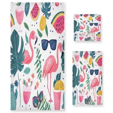 Imagem de xigua Conjunto de toalhas de banheiro flamingo de desenho animado absorvente macio 3 peças toalha de banho toalha de mão toalhas decorativas para banheiro, academia, hotel, praia, piscina