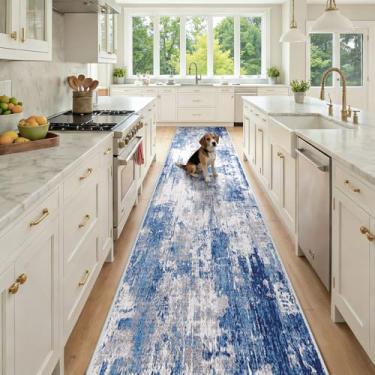 Imagem de RELEANY Tapetes laváveis 60 x 35 cm, antiderrapante, moderno, abstrato, macio para sala de estar, entrada, quarto, berçário, padrão estampado, azul, cinza, azul marinho e cinza