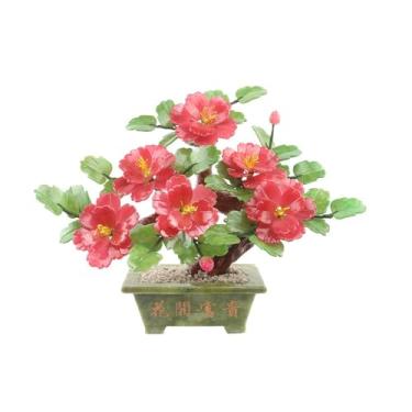Imagem de Bonsai artificial jade peônia flor salão decoração de casa esculpida bonsai chinês ornamento bonsai artificial árvore bonsai (vermelho)
