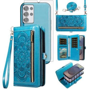 Imagem de Asuwish Capa de celular para Samsung Galaxy S25 Ultra 5G Carteira com zíper Capa para celular com protetor de tela de vidro temperado Alça de pulso Flor Suporte para cartão de crédito S25Ultra 25S S