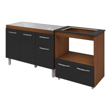 Imagem de Armário Gabinete pia de 120 cm com Balcão Cooktop 4 Bocas e Forno Savana frente preta