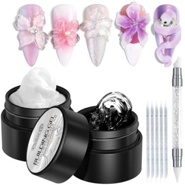 Imagem de Fcozpjk Kit de gel sólido Builder, 2 peças de gel de escultura 3D transparente e branco não pegajoso com caneta de silicone géis rígidos para moldagem de unhas, design de unhas 3D, suprimentos de